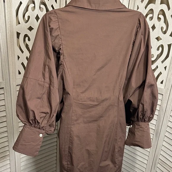 Size M Reminiscene Brown Puffy Sleeve Tie Waist Shirt Dress - Picture 11 of 16